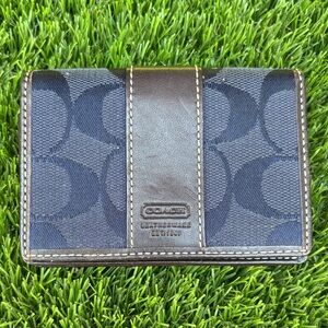 Coach Navy Signature Card Wallet with Brown Leather Accent